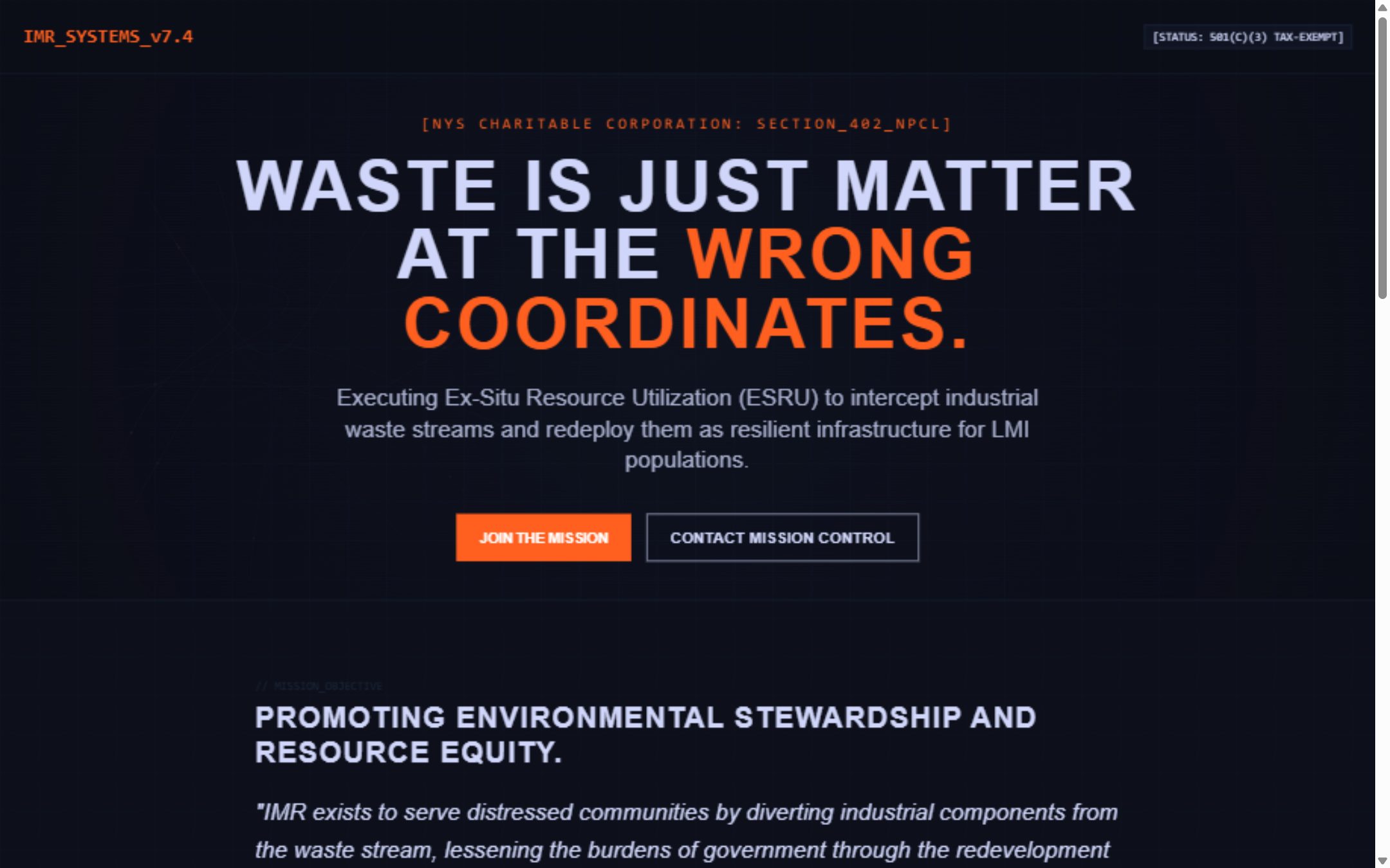 Desktop capture of Integrated Materials Reuse's dark blue homepage with its reuse mission and orange accents