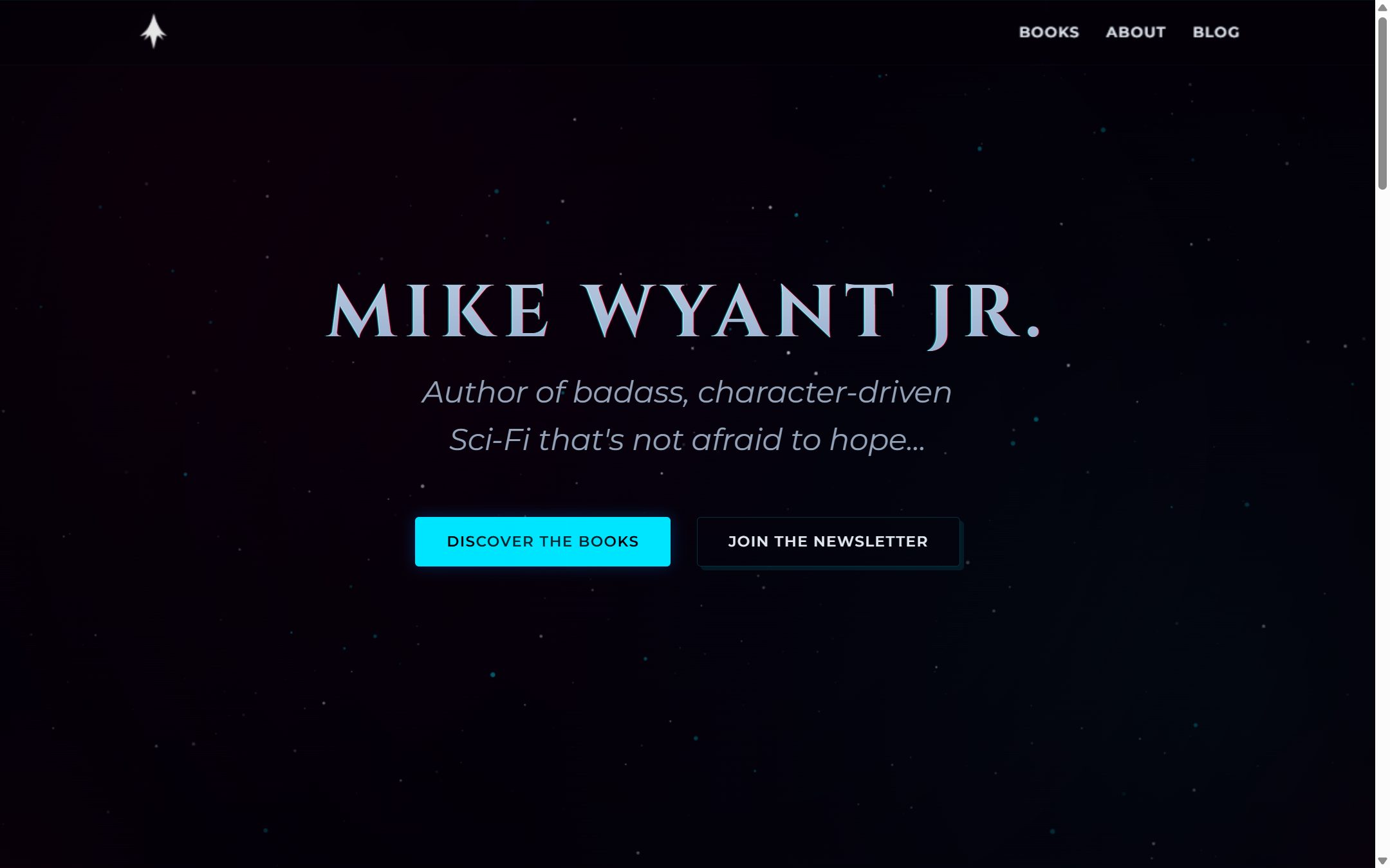 Desktop capture of MikeWyantJr.com showing its dark, star-speckled author homepage and book links